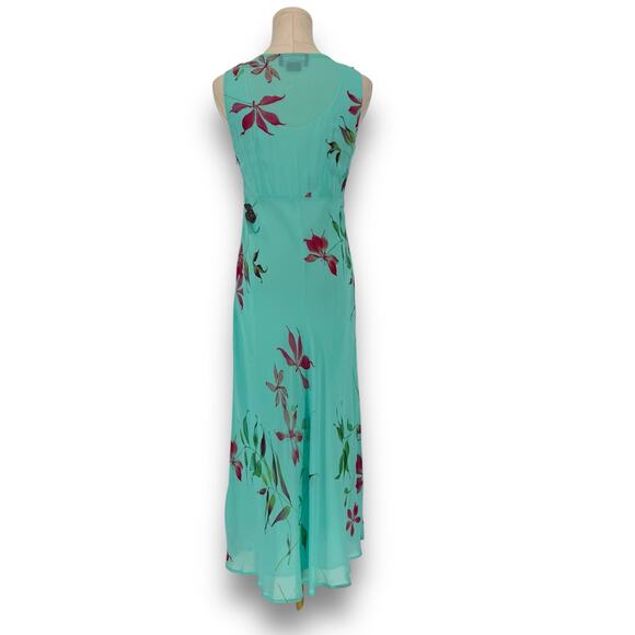 90s Carole Little Teal Blue Floral Print Ruffle Trim Maxi Dress, Size 4 - Picture 5 of 10